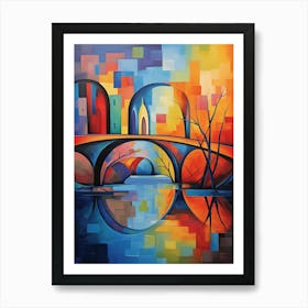 New Day Bridge in Sunset, Vibrant Colorful Painting in Picasso Cubism Style Art Print