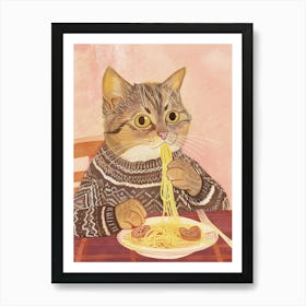 Brown White Cat Eating Pasta Folk Illustration 3 Art Print