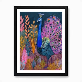 Folky Peacock In The Garden With Patterns 3 Art Print