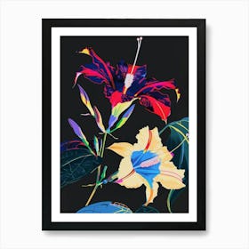 Neon Flowers On Black Morning Glory 3 Art Print