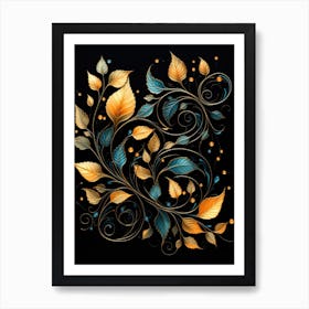 Golden Leaves On Black Background Art Print