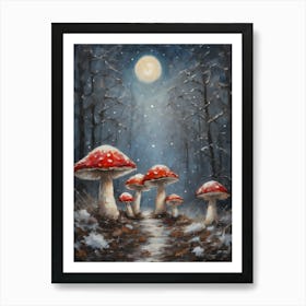 Cottagecore Toadstools in A Winter Forest - Acrylic Paint Mushrooms Art With Falling Snow at Night Scene on a Full Moon, Perfect for Witchcore Cottage Core Pagan Tarot Celestial Zodiac Gallery Feature Wall Christmas Yule Beautiful Woodland Creatures Series HD Art Print