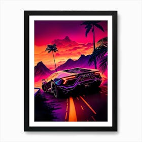 Futuristic Car, Synthwave aesthetic sport car with palms [synthwave/vaporwave/cyberpunk] — aesthetic poster, retrowave poster, vaporwave poster, neon poster Art Print
