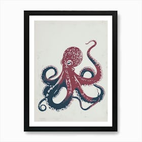 Red & Blue Simple Linocut Style Octopus 1 Art Print