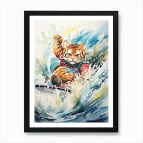 Tiger Illustration Surfing Watercolour 2 Art Print