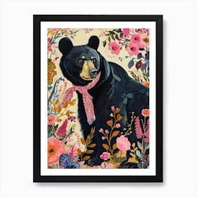 Floral Animal Painting Black Bear 3 Art Print
