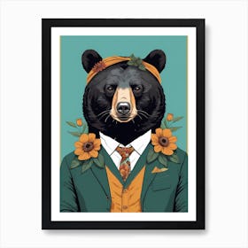 Floral Black Bear Portrait In A Suit (5) Art Print