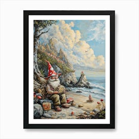 Gnomes On The Beach Kitsch Painting 1 Art Print