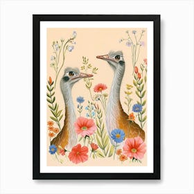 Folksy Floral Animal Drawing Ostrich Art Print
