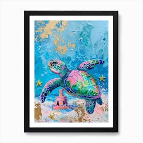 Sea Turtle With A Sand Castle Abstract Painting Art Print