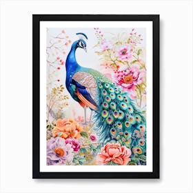 Storybook Style Floral Peacock Illustration 3 Art Print