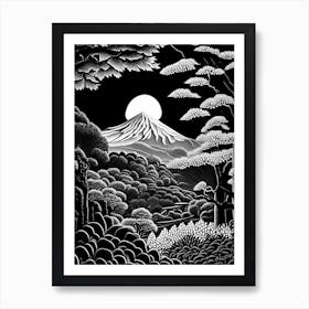 Kairakuen, 1, Japan Linocut Black And White Vintage Art Print