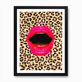 Leopard Hot Pink Lips Collage Brown Art Print