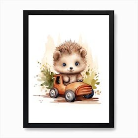 Baby Hedgehog On Toy Car, Watercolour Nursery 0 Art Print