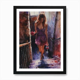 Watercolor Of A Woman Walking Down Stairs Art Print
