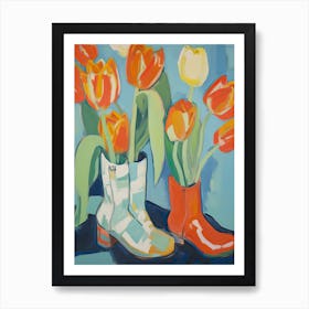 Painting Of Tulips Flowers And Cowboy Boots, Oil Style 1 Art Print