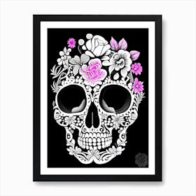 Skull With Floral Patterns Pink 2 Doodle Art Print