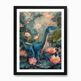 Dinosaur With Lotus Flowers Painting 1 Art Print