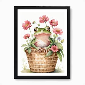 Cute Pink Frog In A Floral Basket (23) Art Print
