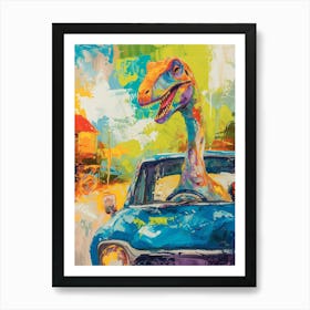 Dinosaur Driving A Car Blue Green Brushstroke 1 Art Print