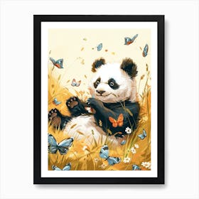 Giant Panda Cub Playing With Butterflies Storybook Illustration 3 Art Print