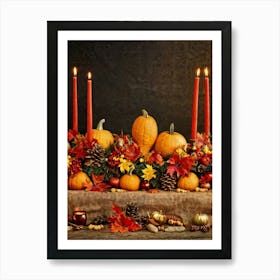 Autumn Harvest Table Centerpiece Overflowing With Gourds And Pumpkins Surrounded By Red And Gold C 2 1 Art Print