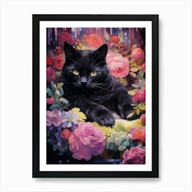 Black Cat In Flowers Art Print