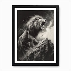 Barbary Lion Charcoal Drawing Roaring On A Cliff 1 Art Print