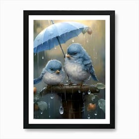 Birds In The Rain,Sheltered Companionship: Two Birds Under an Umbrella Art Print