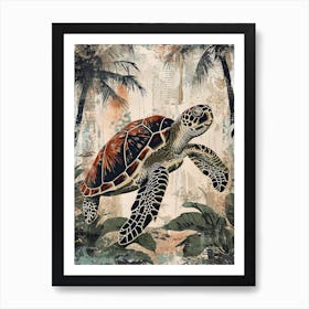 Sea Turtle & Palm Trees On The Beach 1 Art Print