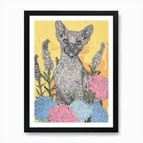 Cute Devon Rex Cat With Flowers Illustration 4 Art Print