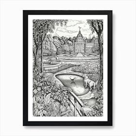 Drawing Of A Dog In Palace Of Versailles Gardens, France In The Style Of Black And White Colouring Pages Line Art 03 Art Print