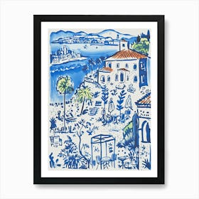 Italy, Amalfi Coast Cute Illustration In Blue 0 Art Print