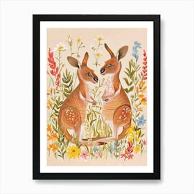 Folksy Floral Animal Drawing Kangaroo 2 Art Print