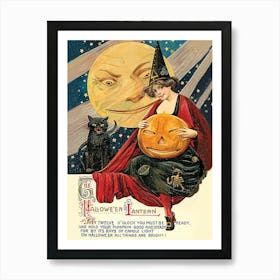 The Halloween Lantern, Witch With Pumpkin And A Poem On A Full Moon Art Print