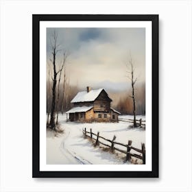 Rustic Winter Oil Painting Vintage Cottage (18) Art Print