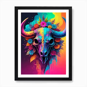 Floral Bull Skull Neon Iridescent Painting (29) Art Print