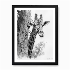 Giraffe Scratching Against A Tree Pencil Drawing 4 Art Print