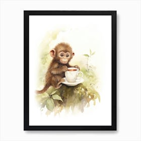 Monkey Painting Drinking Tea Watercolour 4 Art Print