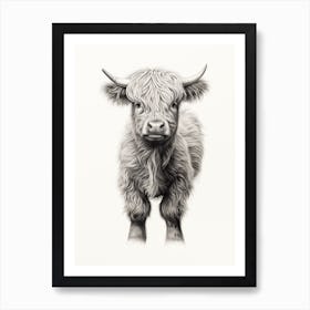 Black & White Illustration Of Young Highland Cow Art Print