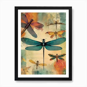 Dragonfly Collage Bright Colours 8 Art Print