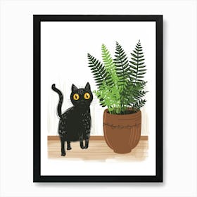 Black Cat With Plant 2 Art Print