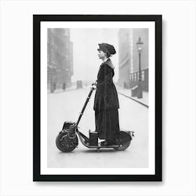 Woman On A Scooter Vintage Black and White Photo Art Print