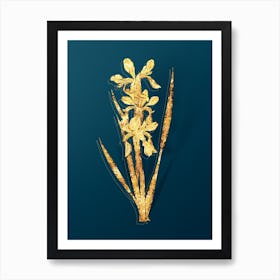 Vintage Yellow Banded Iris Botanical in Gold on Teal Blue Art Print