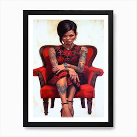 The Lady Is The Boss - Tattooed Woman In Red Chair Art Print