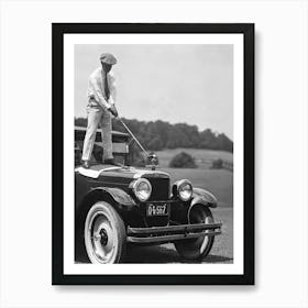 Man On A Playing Golf On Top Of Car, Funny Golf Art, Vintage Black and White Old Photo Art Print