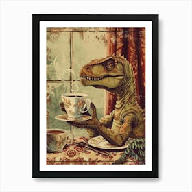 Dinosaur Drinking Coffee Retro Collage 1 Art Print