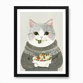 Cute Grey Cat Eating Salad Folk Illustration 2 Art Print