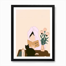 Black Cat And Girl Reading Books At Home Art Print