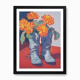 A Painting Of Cowboy Boots With Orange Flowers, Fauvist Style, Still Life 3 Art Print